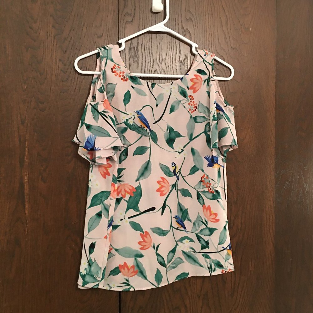 c&e Pink Bird Print Blouse with Shoulder Cutouts